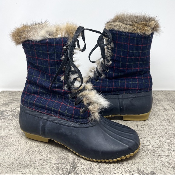J. Crew plaid navy blue real fur duck boots, fur-lined rain boots, size 9 - Picture 1 of 9